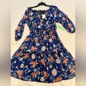 Floral Midi Dress in Blue and Orange